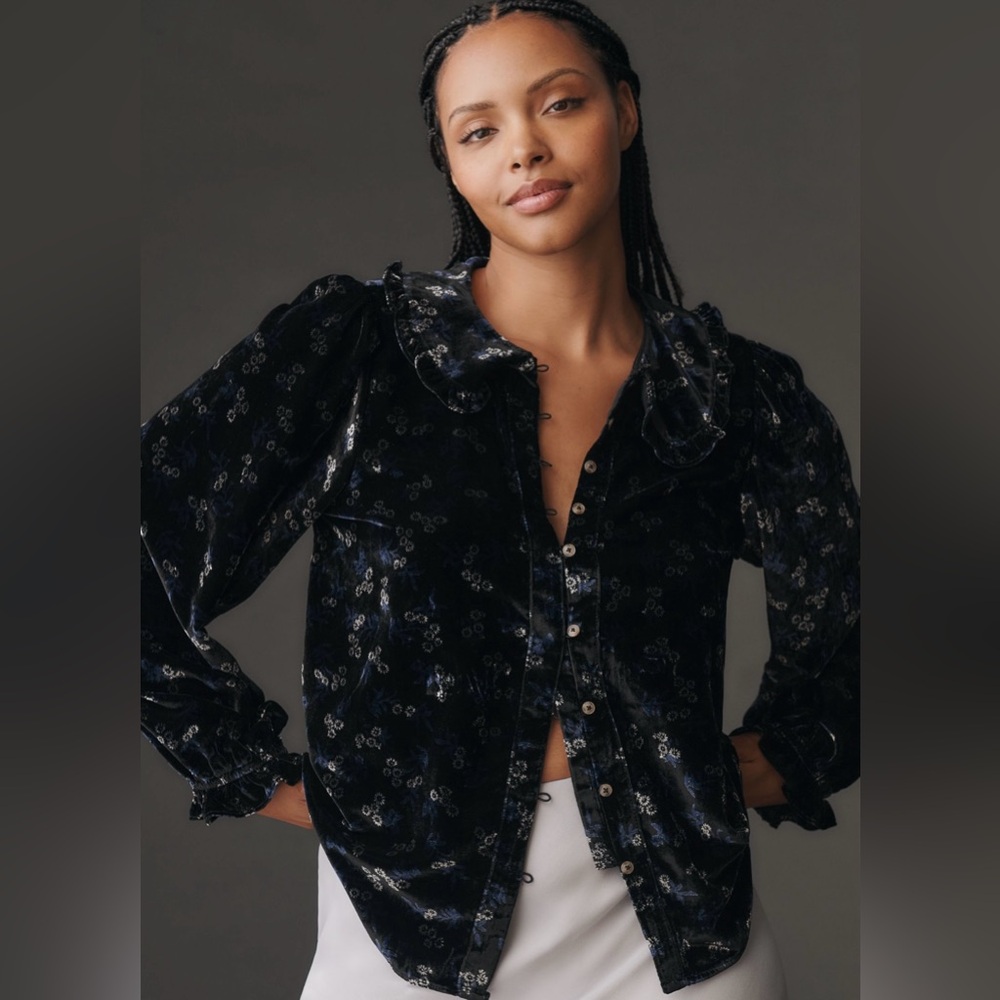 NWT Anthropologie Pilcro Keira Collared Button Blouse Black Blue Velvet 2X